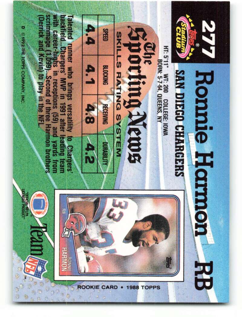 1992 Topps Stadium Club #277 Ronnie Harmon EX Excellent San Diego Chargers Football Card Image 2