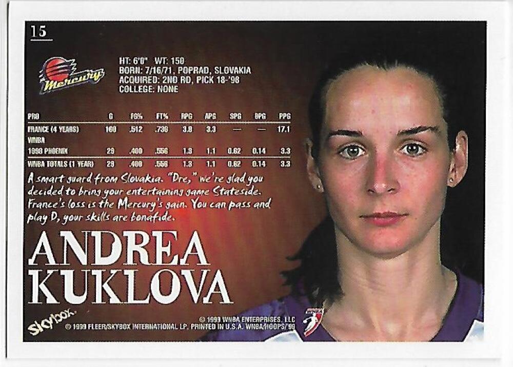 1999-00 Hoops WNBA #15 Andrea Kuklova NM-MT Phoenix Mercury Basketball Card Image 2