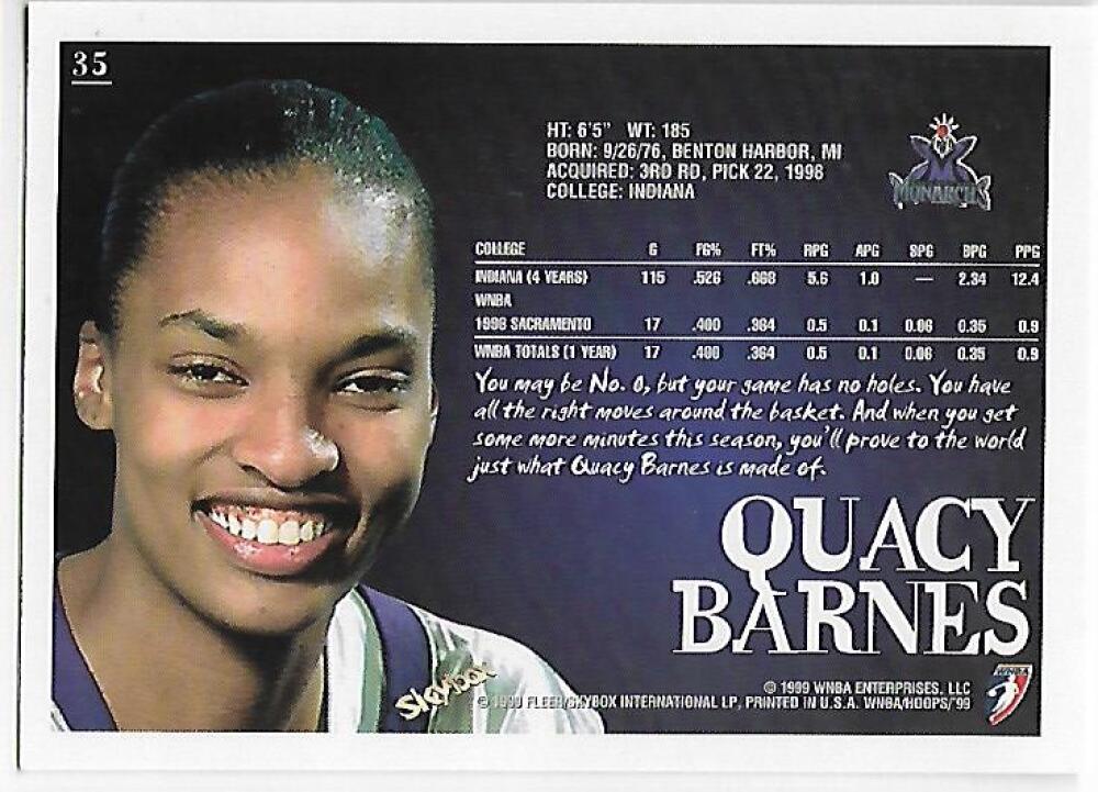 1999-00 Hoops WNBA #35 Quacy Barnes NM-MT Sacramento Monarchs Basketball Card Image 2
