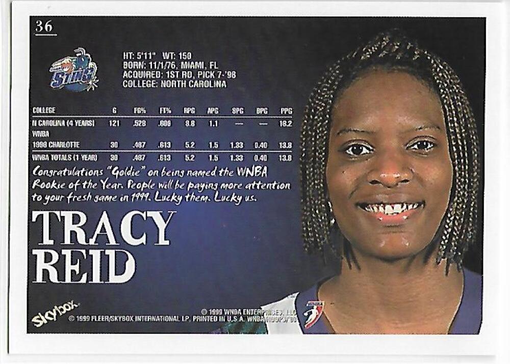 1999-00 Hoops WNBA #36 Tracy Reid NM-MT RC Rookie Charlotte Sting Basketball Card Image 2