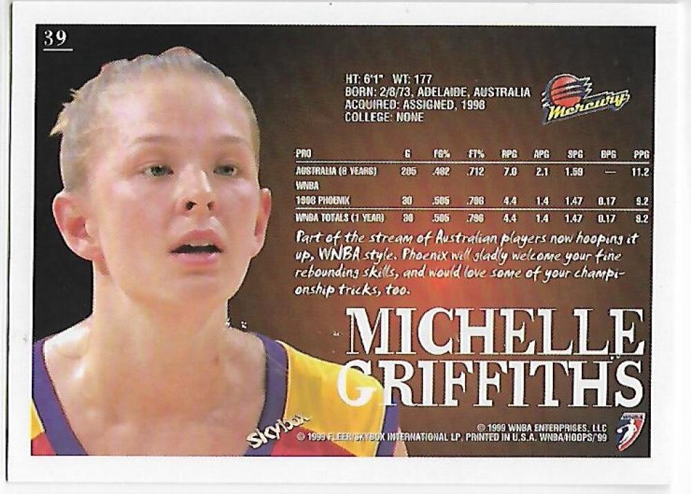 1999-00 Hoops WNBA #39 Michelle Griffiths NM-MT RC Rookie Phoenix Mercury Basketball Card Image 2