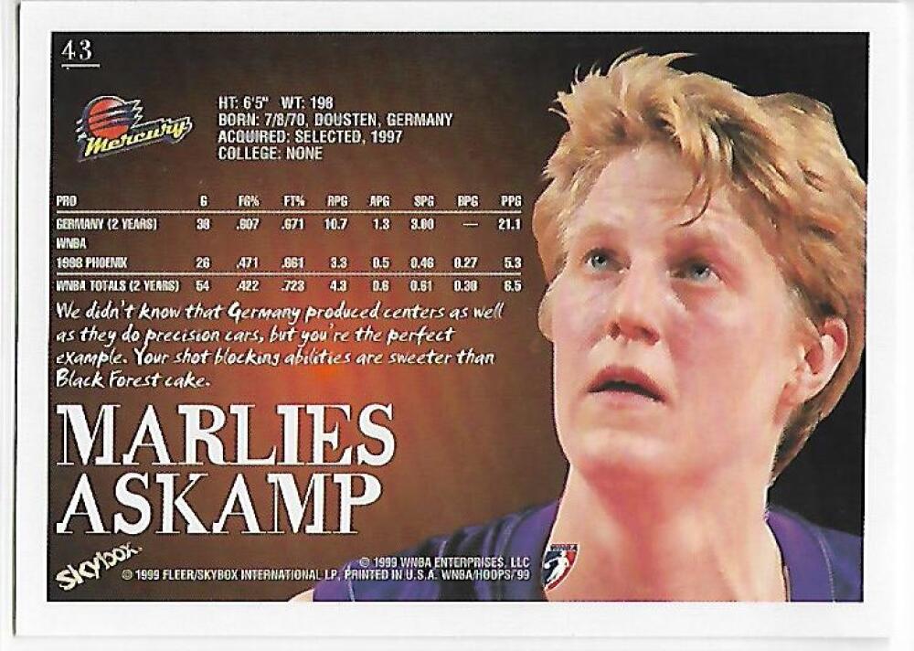 1999-00 Hoops WNBA #43 Marlies Askamp NM-MT RC Rookie Phoenix Mercury Basketball Card Image 2