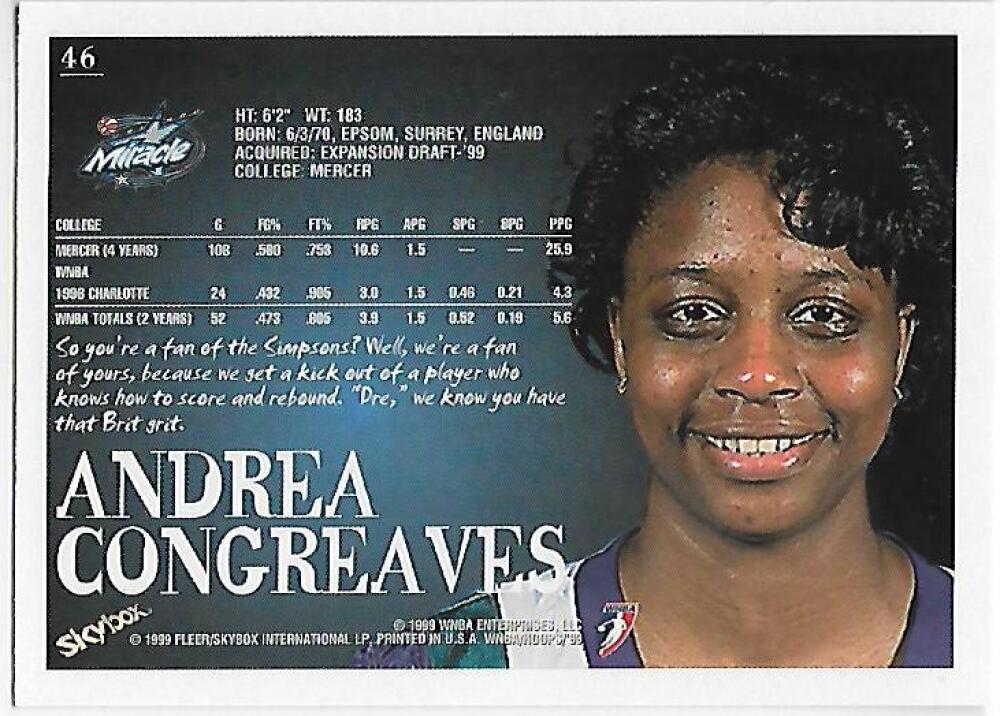 1999-00 Hoops WNBA #46 Andrea Congreaves NM-MT Orlando Miracle Basketball Card Image 2