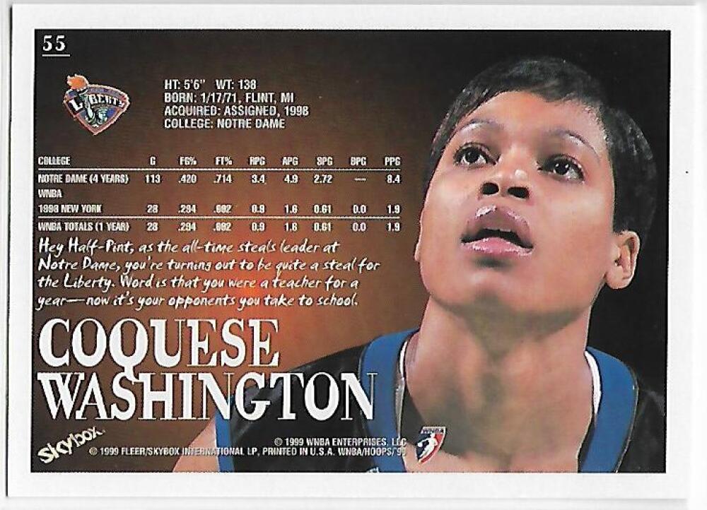 1999-00 Hoops WNBA #55 Coquese Washington NM-MT RC Rookie New York Liberty Basketball Card Image 2