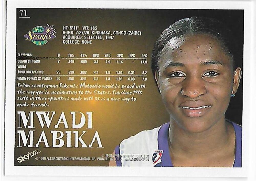 1999-00 Hoops WNBA #71 Mwadi Mabika NM-MT Los Angeles Sparks Basketball Card Image 2