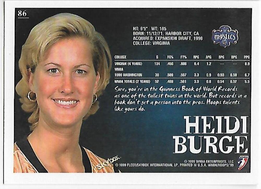 1999-00 Hoops WNBA #86 Heidi Burge NM-MT Washington Mystics Basketball Card Image 2