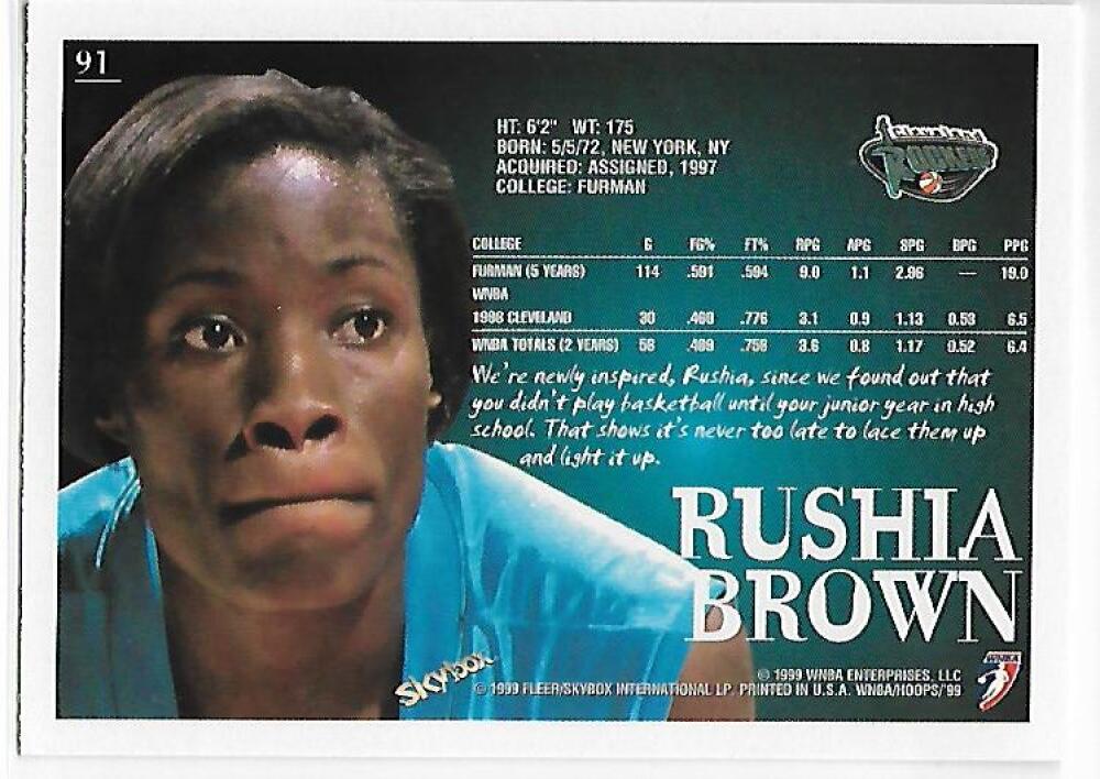 1999-00 Hoops WNBA #91 Rushia Brown NM-MT Cleveland Rockers Basketball Card Image 2
