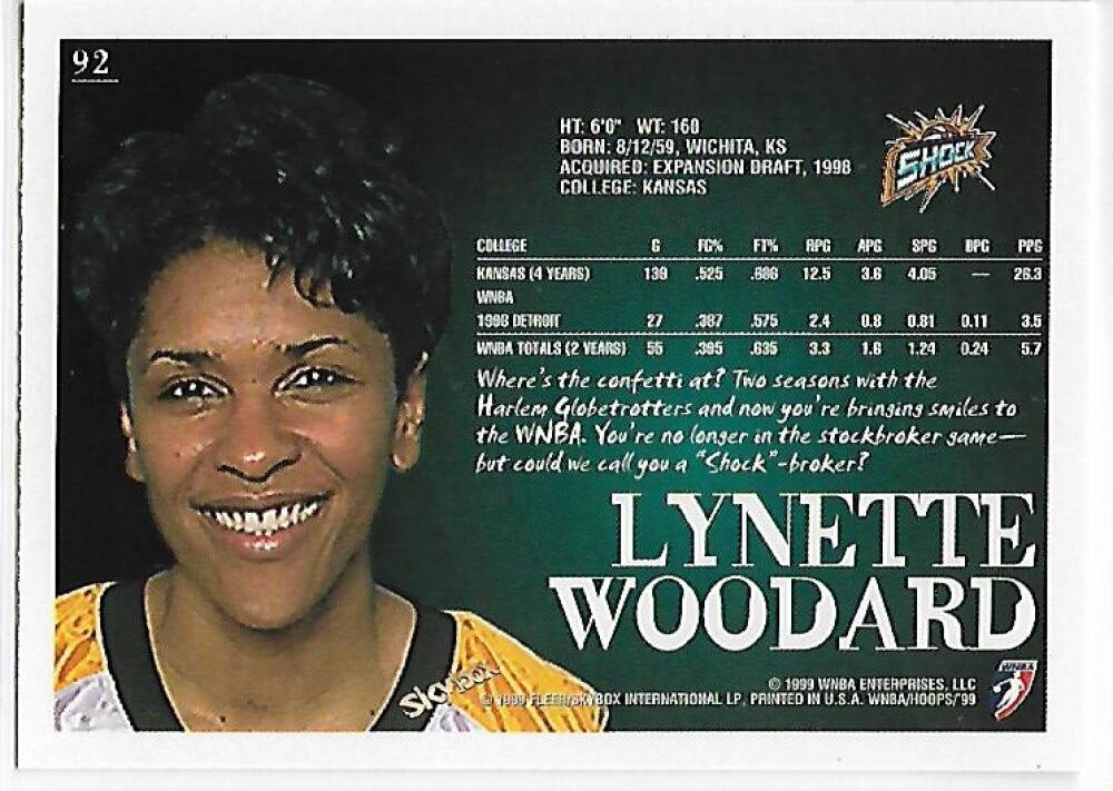 1999-00 Hoops WNBA #92 Lynette Woodard NM-MT Detroit Shock Basketball Card Image 2
