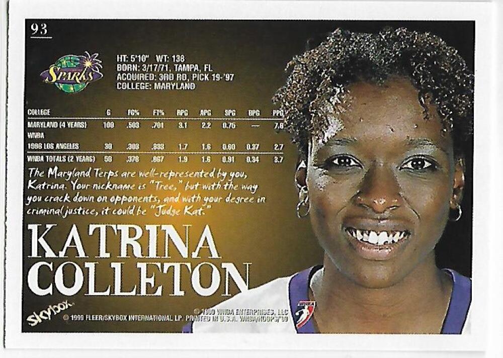 1999-00 Hoops WNBA #93 Katrina Colleton NM-MT RC Rookie Los Angeles Sparks Basketball Card Image 2
