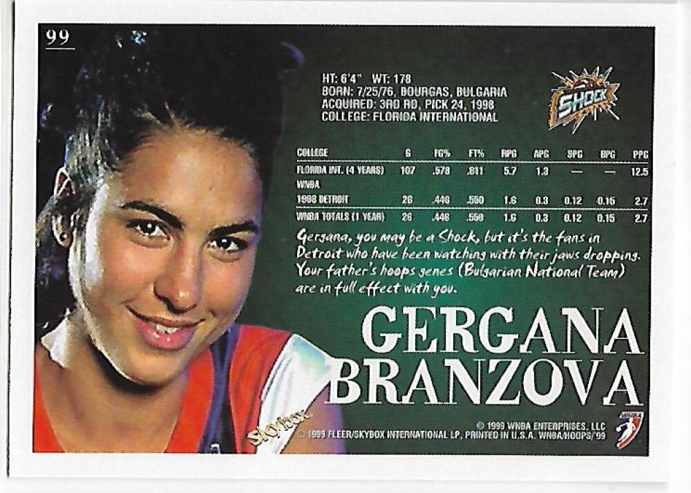 1999-00 Hoops WNBA #99 Gergana Branzova NM-MT RC Rookie Detroit Shock Basketball Card Image 2