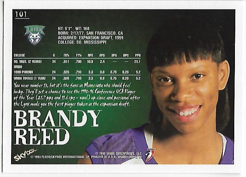 1999-00 Hoops WNBA #101 Brandy Reed NM-MT RC Rookie Minnesota Lynx Basketball Card Image 2