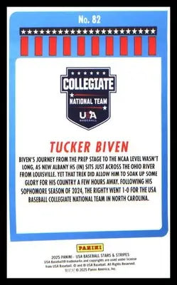 Baseball 2025 Panini Stars & Stripes USA Baseball #82 Tucker Biven - Baseball Card Single