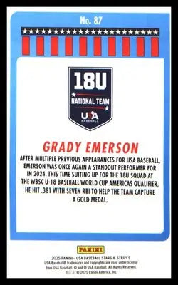 Baseball 2025 Panini Stars & Stripes USA Baseball #87 Grady Emerson - Baseball Card Single