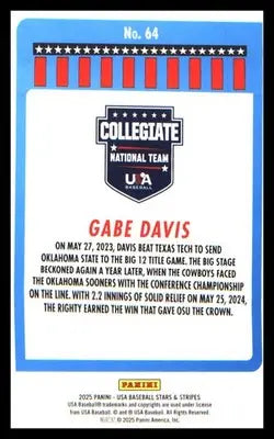 Baseball 2025 Panini Stars & Stripes USA Baseball Opening Day #64 Gabe Davis - Baseball Card Single
