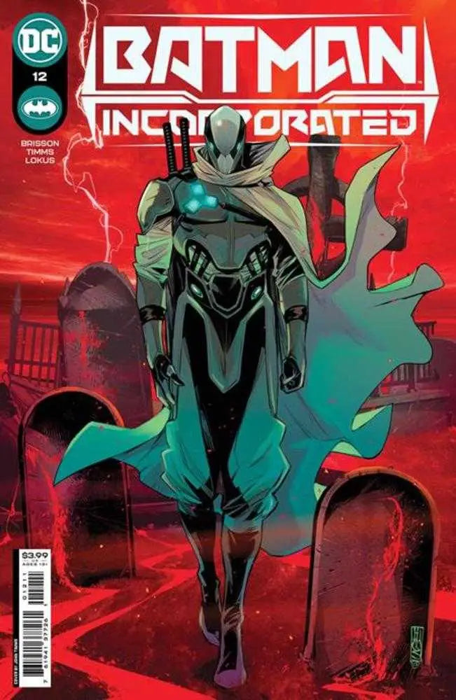 Futuristic armored Batman Incorporated figure with flowing cape against red backdrop
