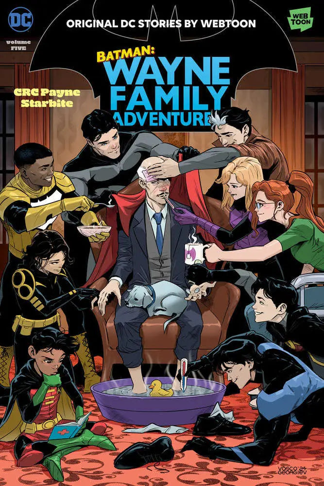 Batman: Wayne Family Adventures Volume Five cover with characters around an armchair in webtoon series