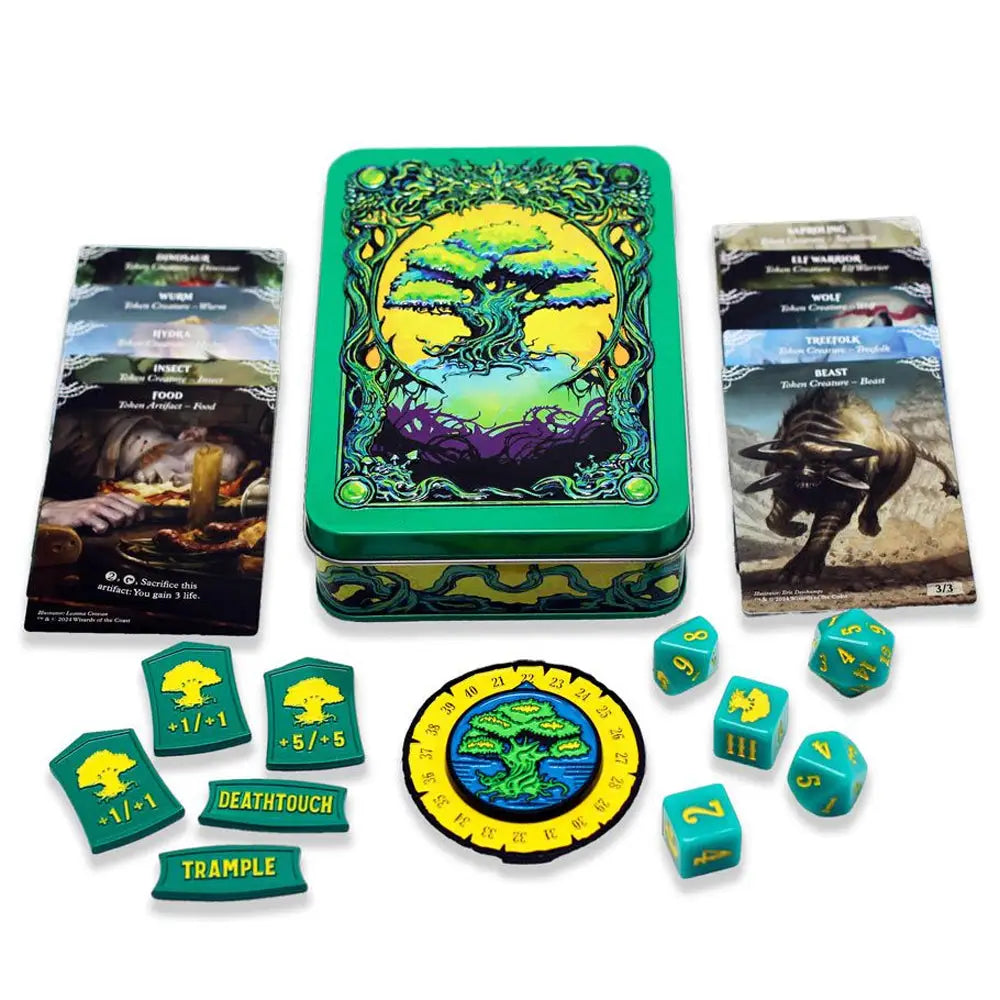 Green tin box with ornate nature-themed illustration for Beadle & Grimm’s Mana Token Sets Green