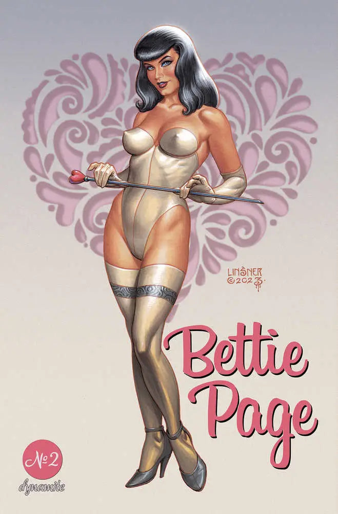Pin-up style artwork of Bettie Page on trading cards with a heart pattern background