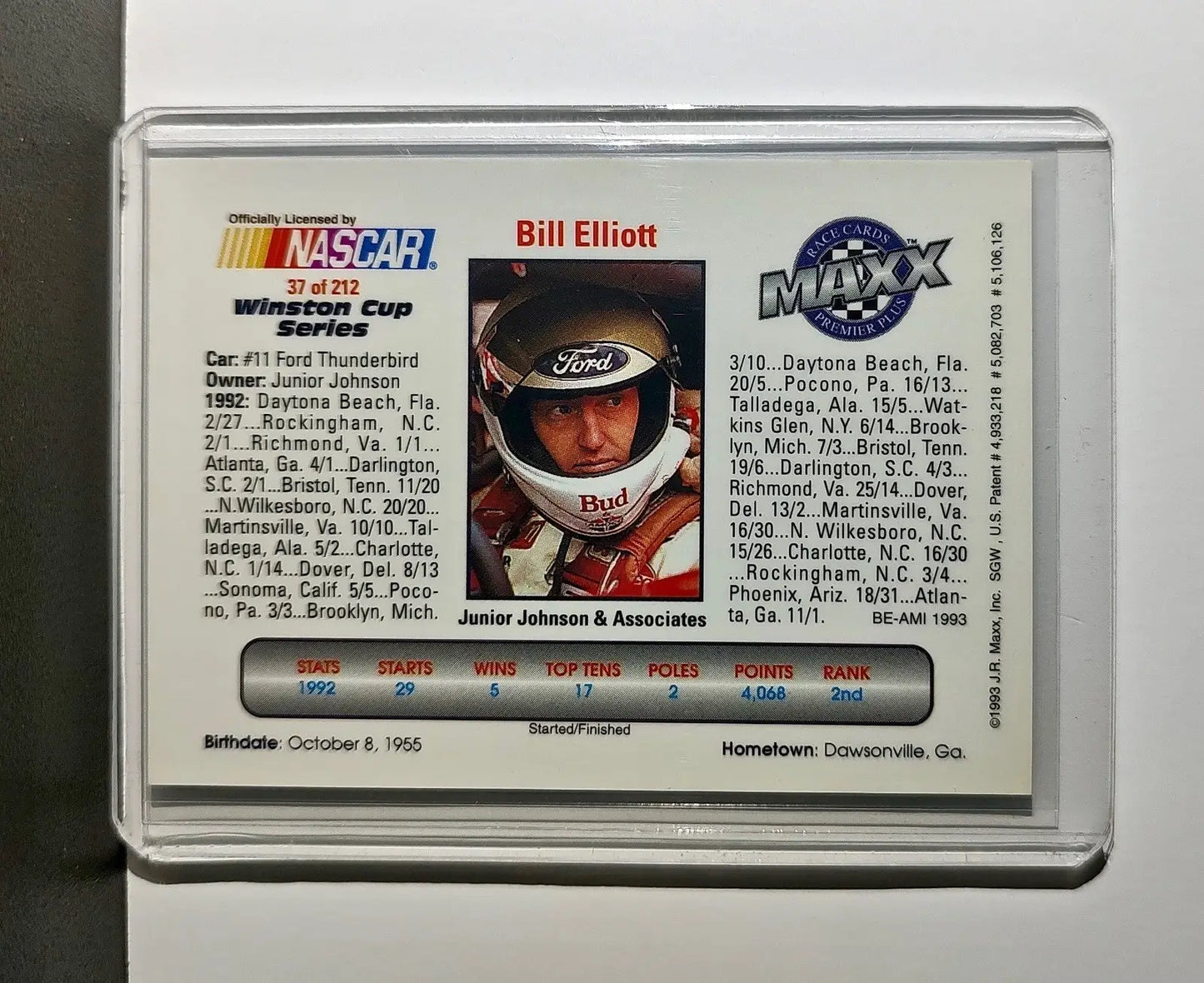 Bill Elliott 1993 Maxx Premier Plus Racing #37 NASCAR Card Junior Johnson