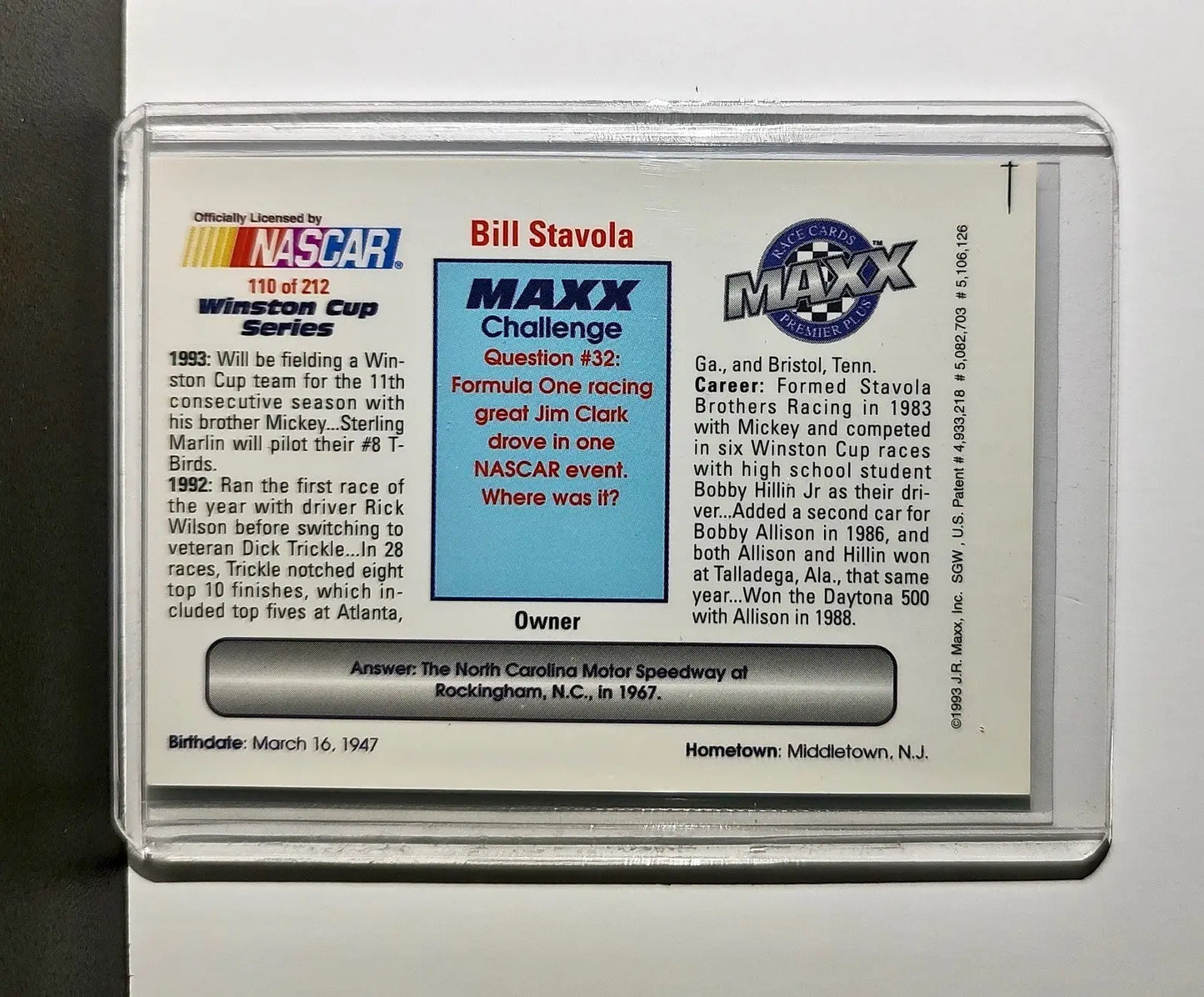 Bill Stavola 1993 Maxx Premier Plus Racing #110 NASCAR Stavola Brothers Racing - Racing Card Single
