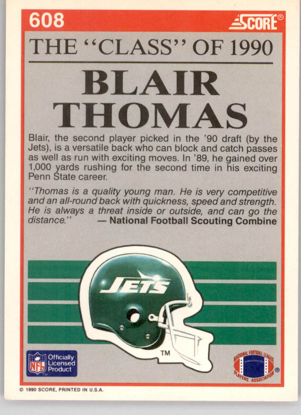 Blair Thomas - 1990 Score - #608 - Football - Football Card Single