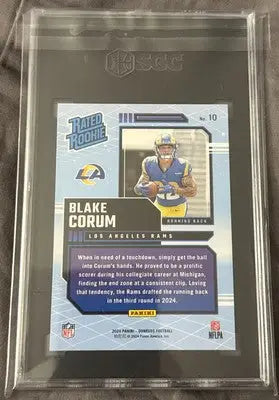 Graded Blake Corum Los Angeles Rams Rated Rookie football card in retro blue shock style
