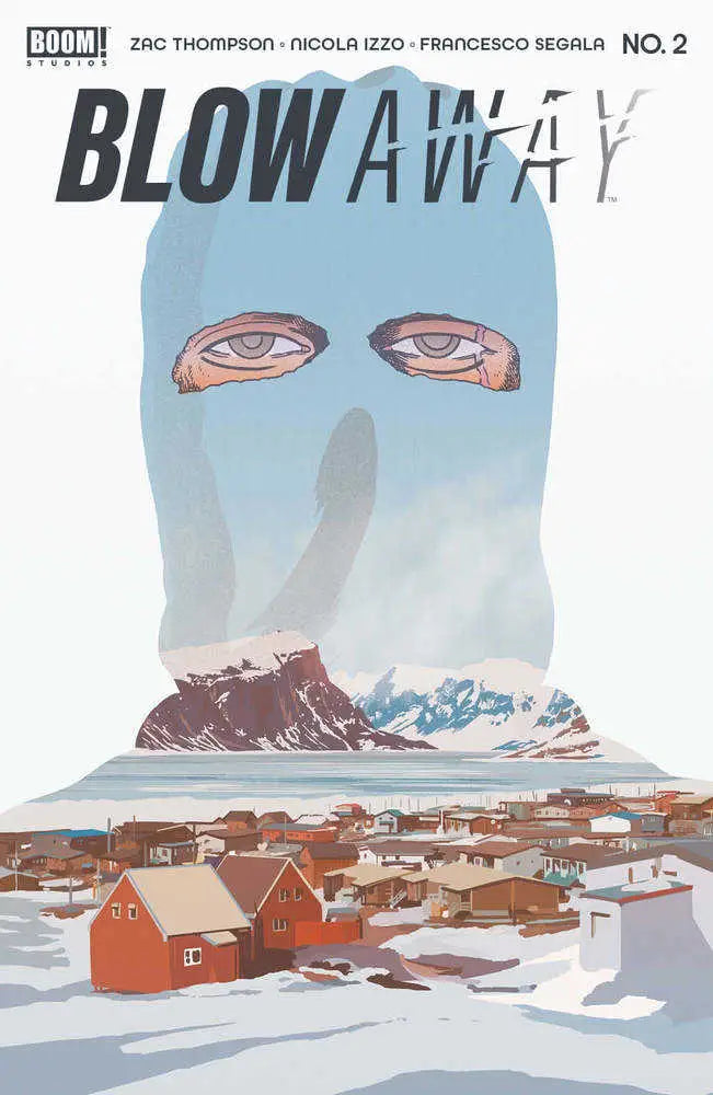 Comic book cover of Blow Away #2 featuring a blue mask over an Arctic village landscape