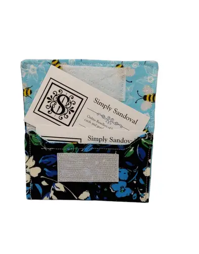 Blue Flowers fabric card holder with floral and bee pattern for business cards