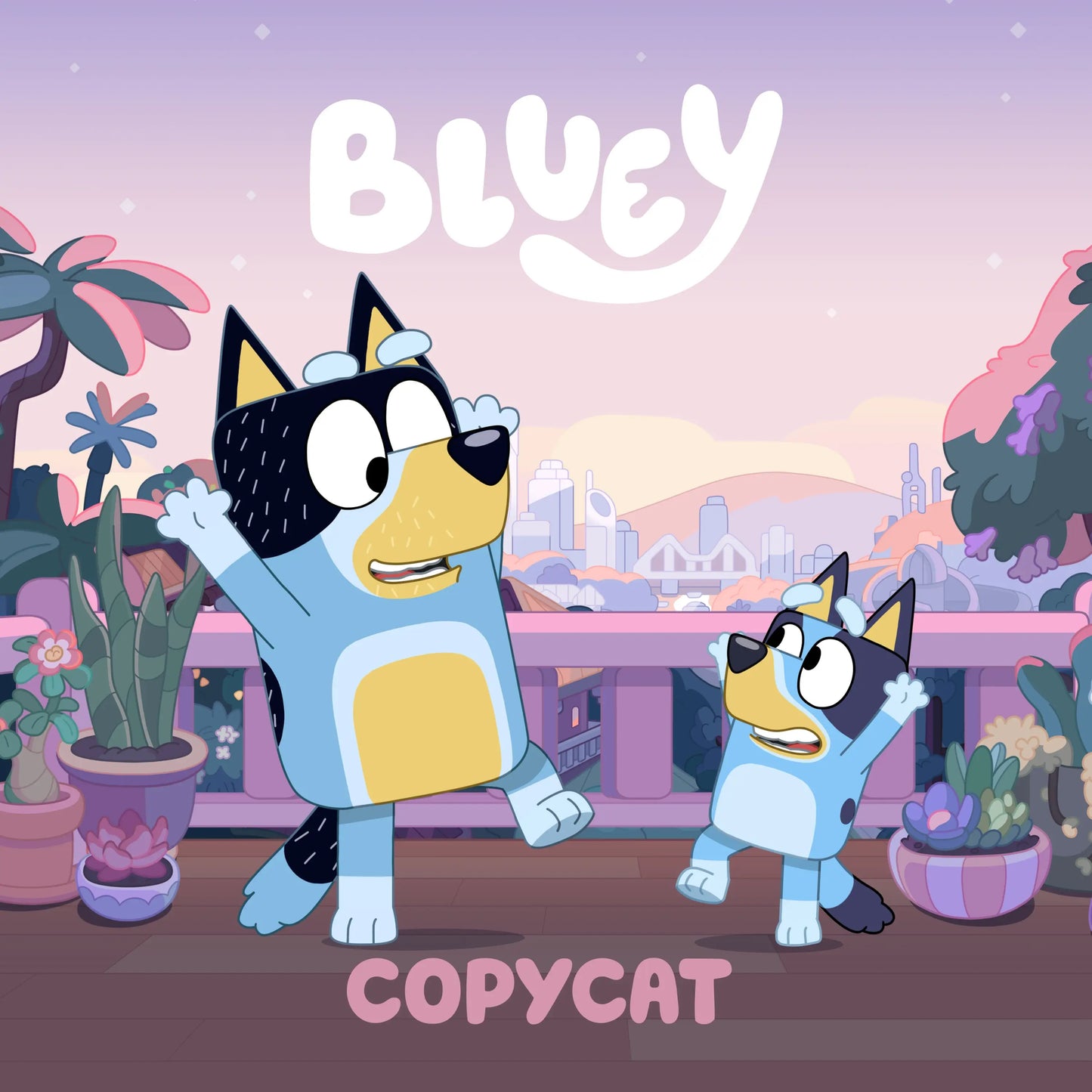 Two cartoon Blue Heeler dogs dancing on a balcony from Bluey Copycat storybook