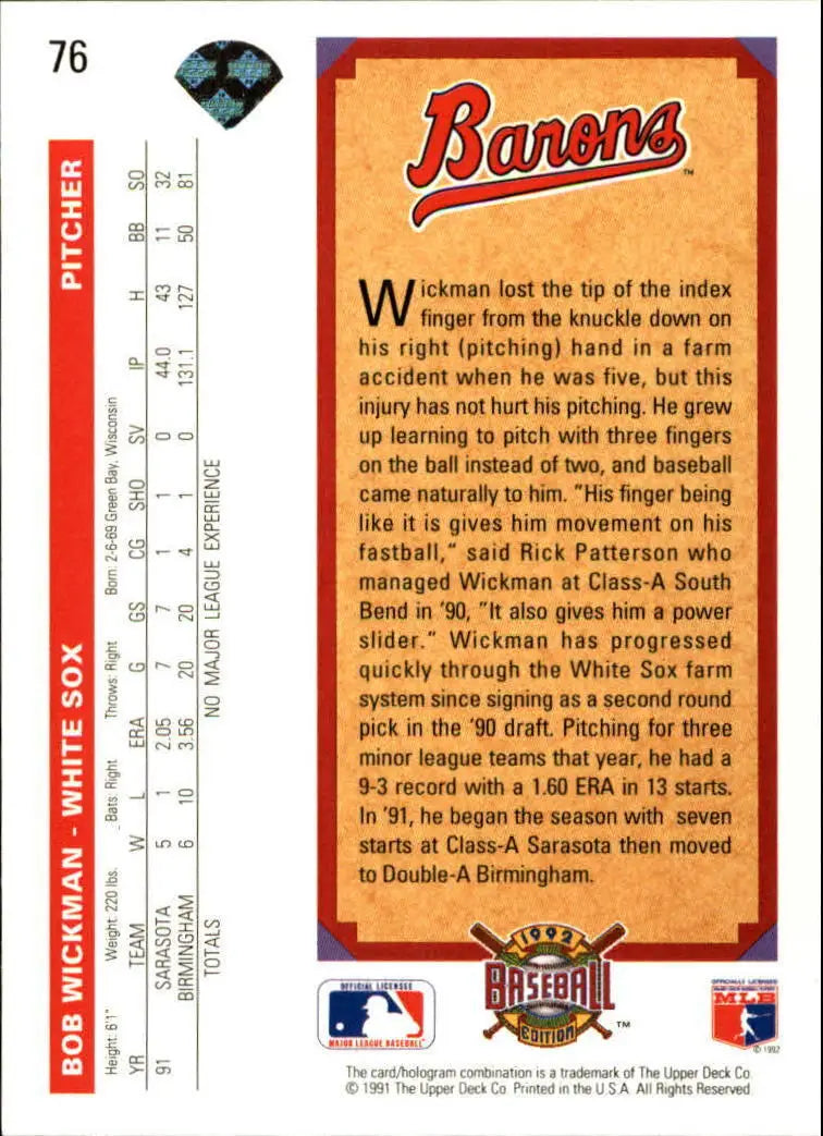Bob Wickman 1992 Upper Deck MLB #76 Baseball Card New York Yankees - Baseball Card Single