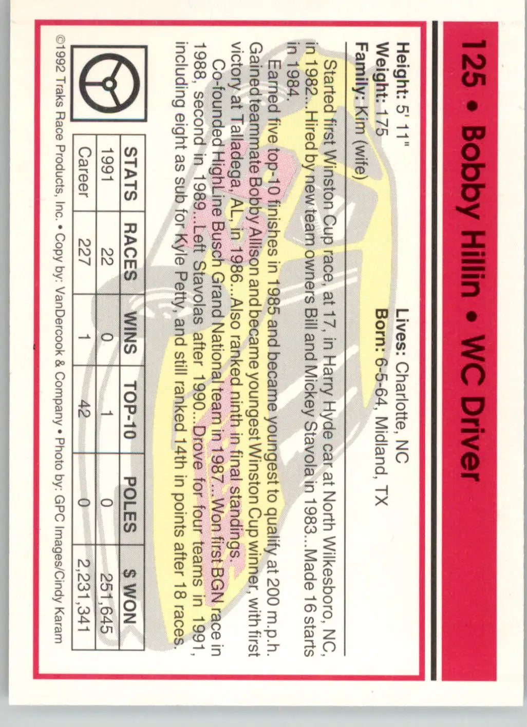 Bobby Hillin Jr. - 1992 Traks - #125 - Racing - Racing Card Single