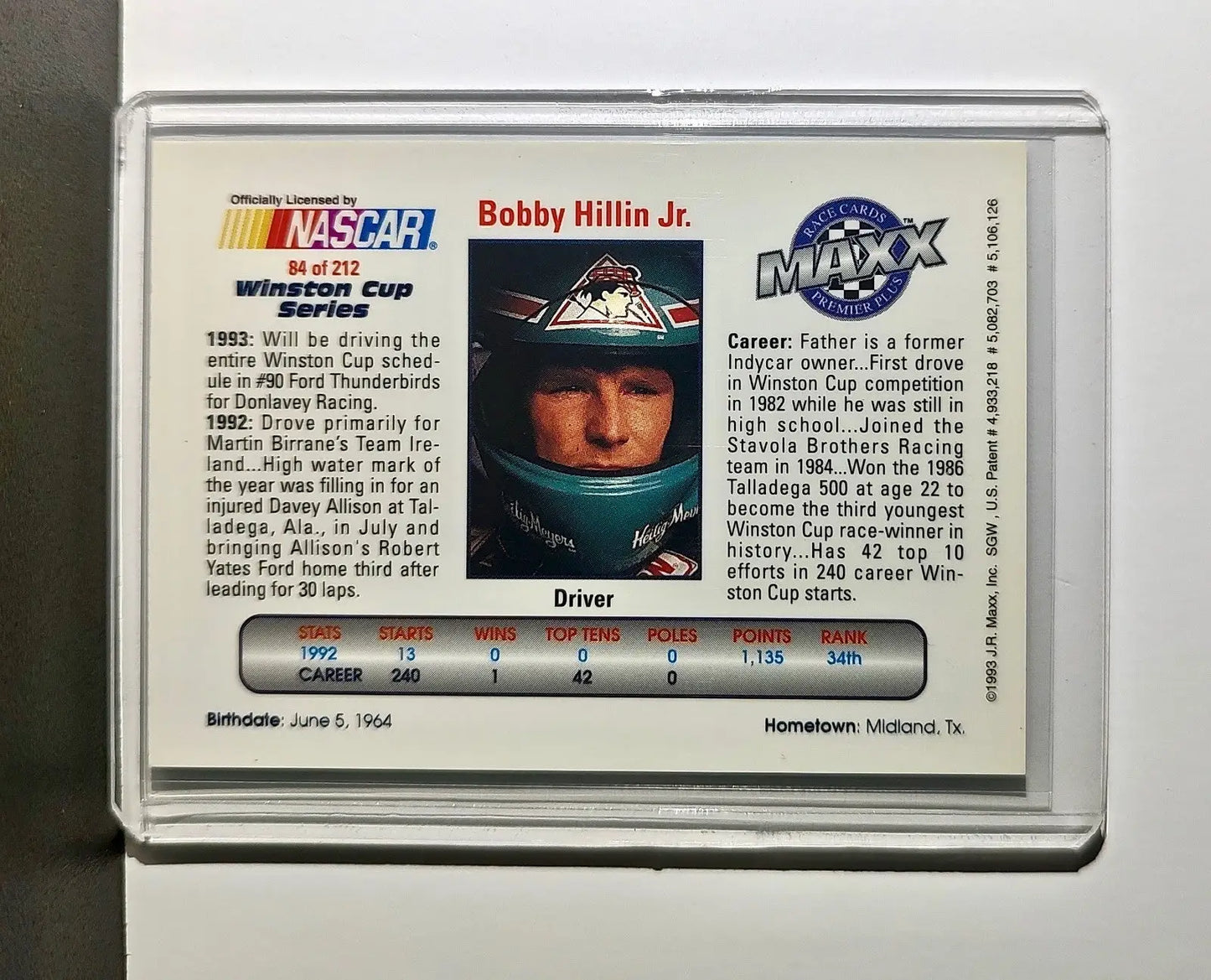 Bobby Hillin Jr. 1993 Maxx Premier Plus Racing #84 NASCAR Card Donlavey Racing