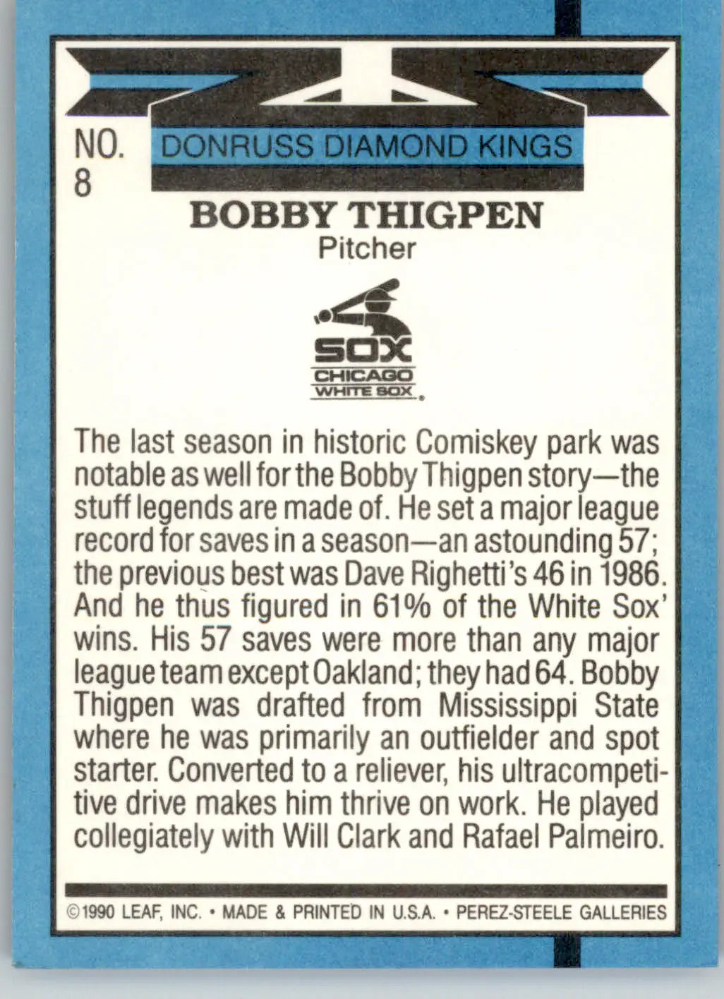 Bobby Thigpen - 1991 Donruss - #8 - Baseball - Baseball Card Single