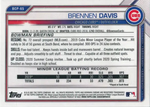 Baseball card of Brennen Davis with player stats, Bowman Chrome Purple Border, 128/250