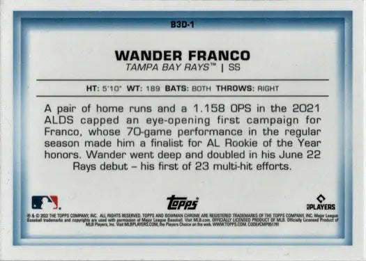 Wander Franco trading card showcasing player stats in Bowman Chrome 2022 insert card design