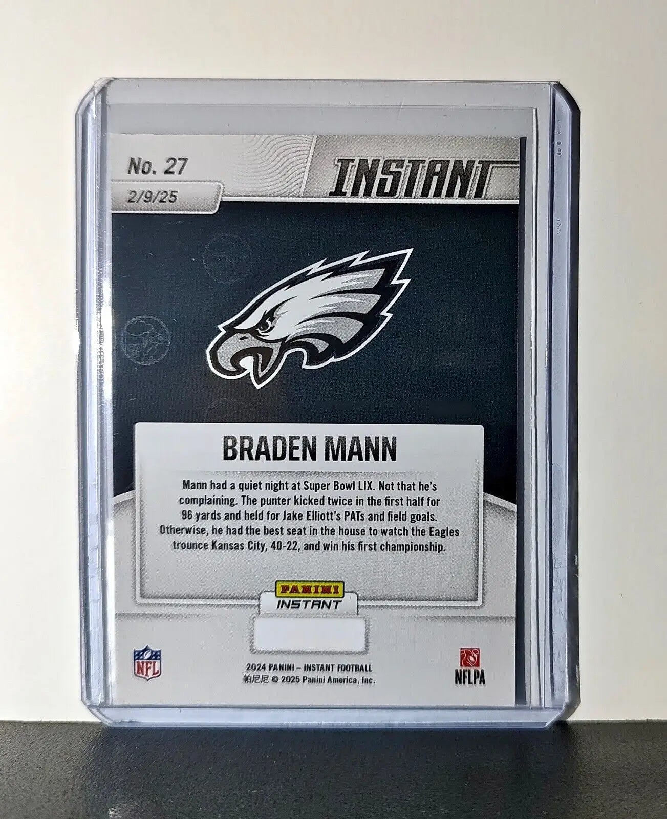 Braden Mann 2024 Panini Super Bowl LIX Champions NFL #27 Football Card Eagles - Football Card Single