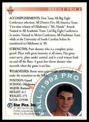 Brent Price 1992 Star Pics #28 Oklahoma Sooners - Football Card Single