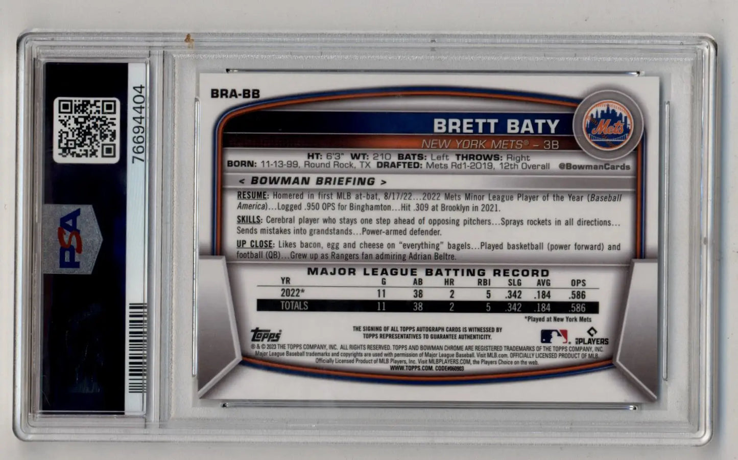 Brett Baty 2023 Bowman Chrome Mega Box Rookie Auto 57/99 PSA 10 Gem Mint 10 Auto - Baseball Card Box