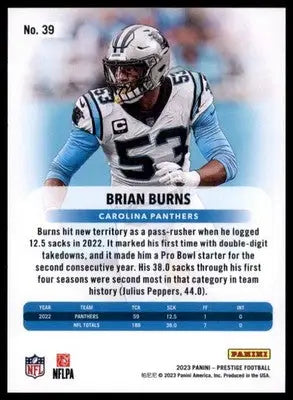 Brian Burns 2023 Panini Prestige #39 Carolina Panthers