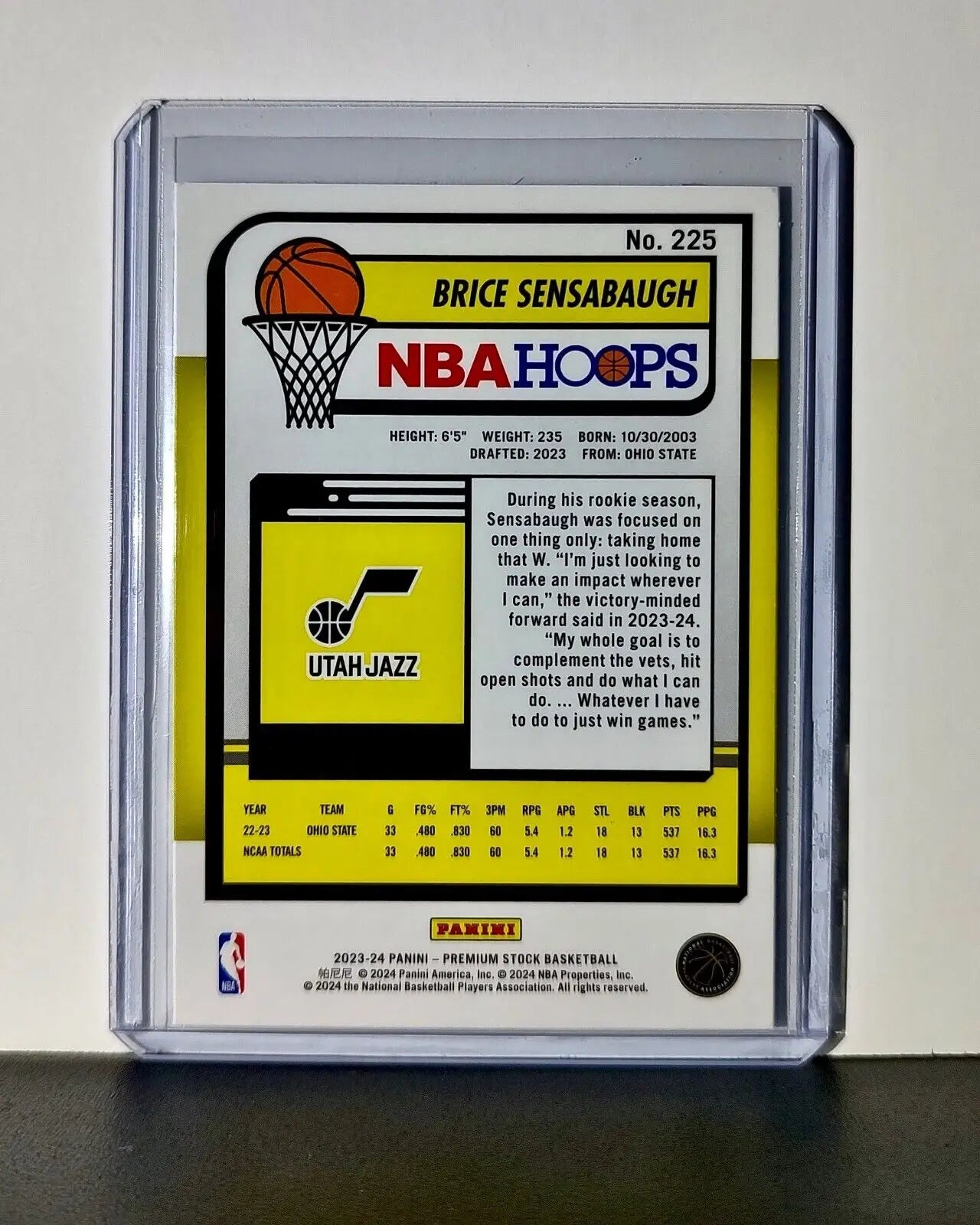 Brice Sensabaugh 2023-24 Panini Premium Stock NBA Hoops #225 Rookie Card Jazz