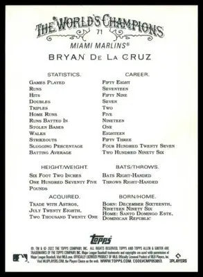 Bryan De La Cruz Rookie 2022 Topps Allen & Ginter #71 Miami Marlins - Baseball Card Single