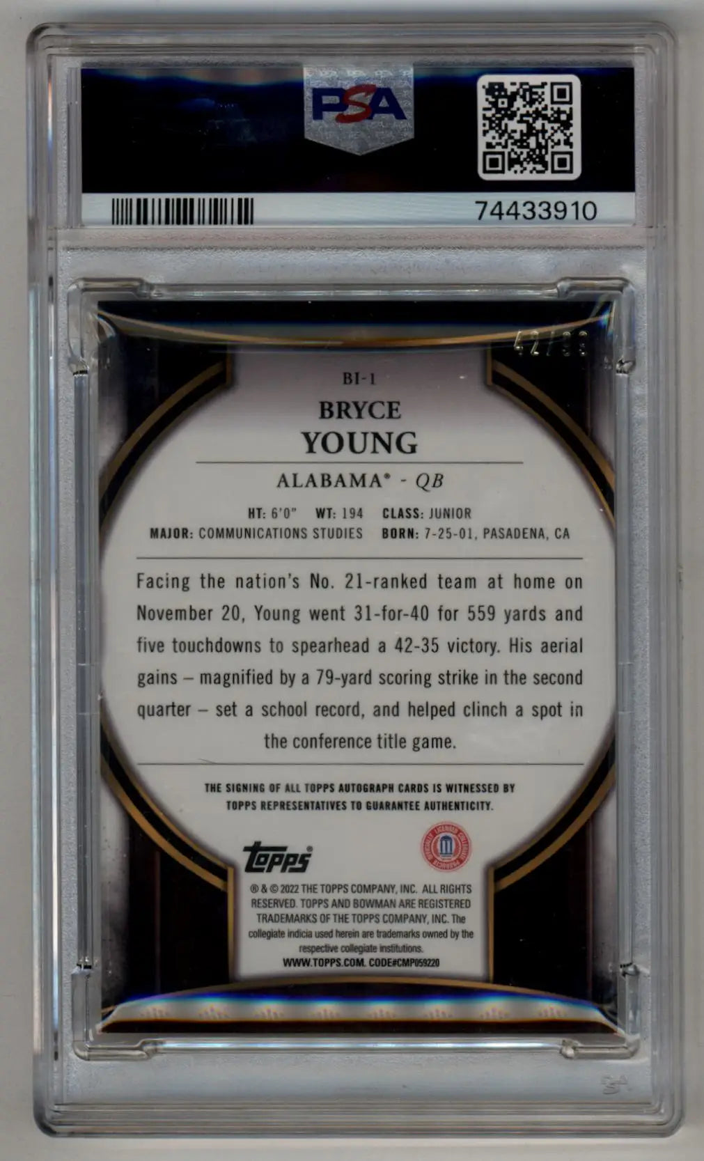 Bryce Young 2022 Bowman University Bowman Invicta Auto 42/99 PSA 9 Mint - Football Card Single