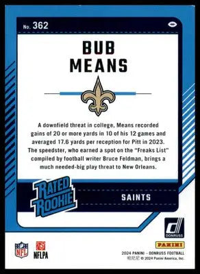 Bub Means Rookie 2024 Donruss #362 New Orleans Saints - Football Card Single