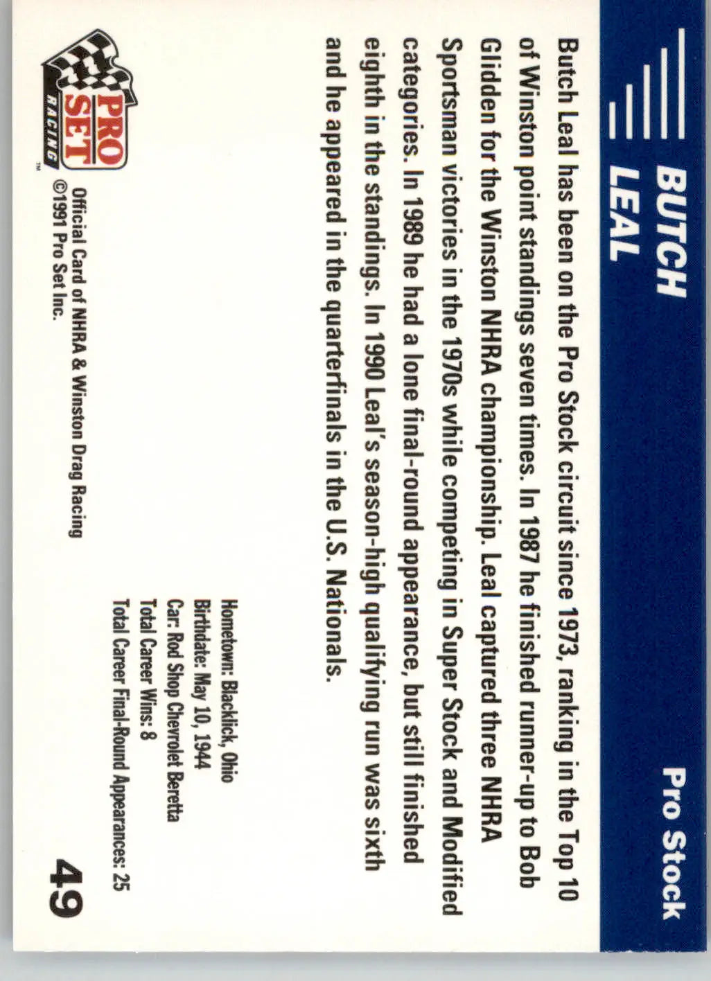 Butch Leal - 1991 Pro Set NHRA - #49 - Racing - Racing Card Single