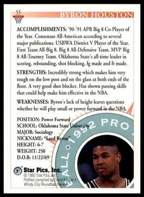 Byron Houston 1992 Star Pics #53 Oklahoma State Cowboys - Basketball Card Single