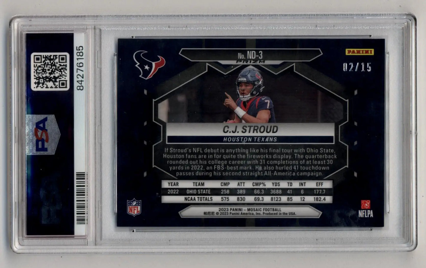 C.J Stroud 2023 Mosaic NFL Debut Blue Fluorescent 02/15 PSA 9 Mint - Football Card Single