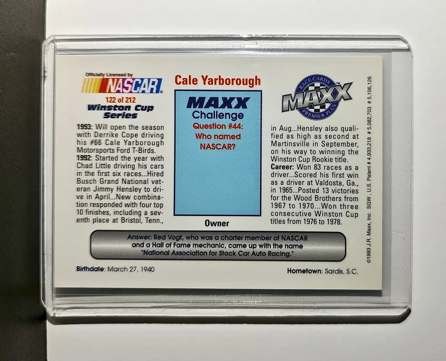 Cale Yarborough 1993 Maxx Premier Plus Racing #122 NASCAR Card Cale Yarborough - Racing Card Single
