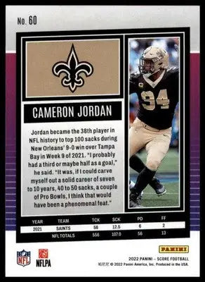 Cameron Jordan 2022 Score #60 New Orleans Saints - Football Card Single