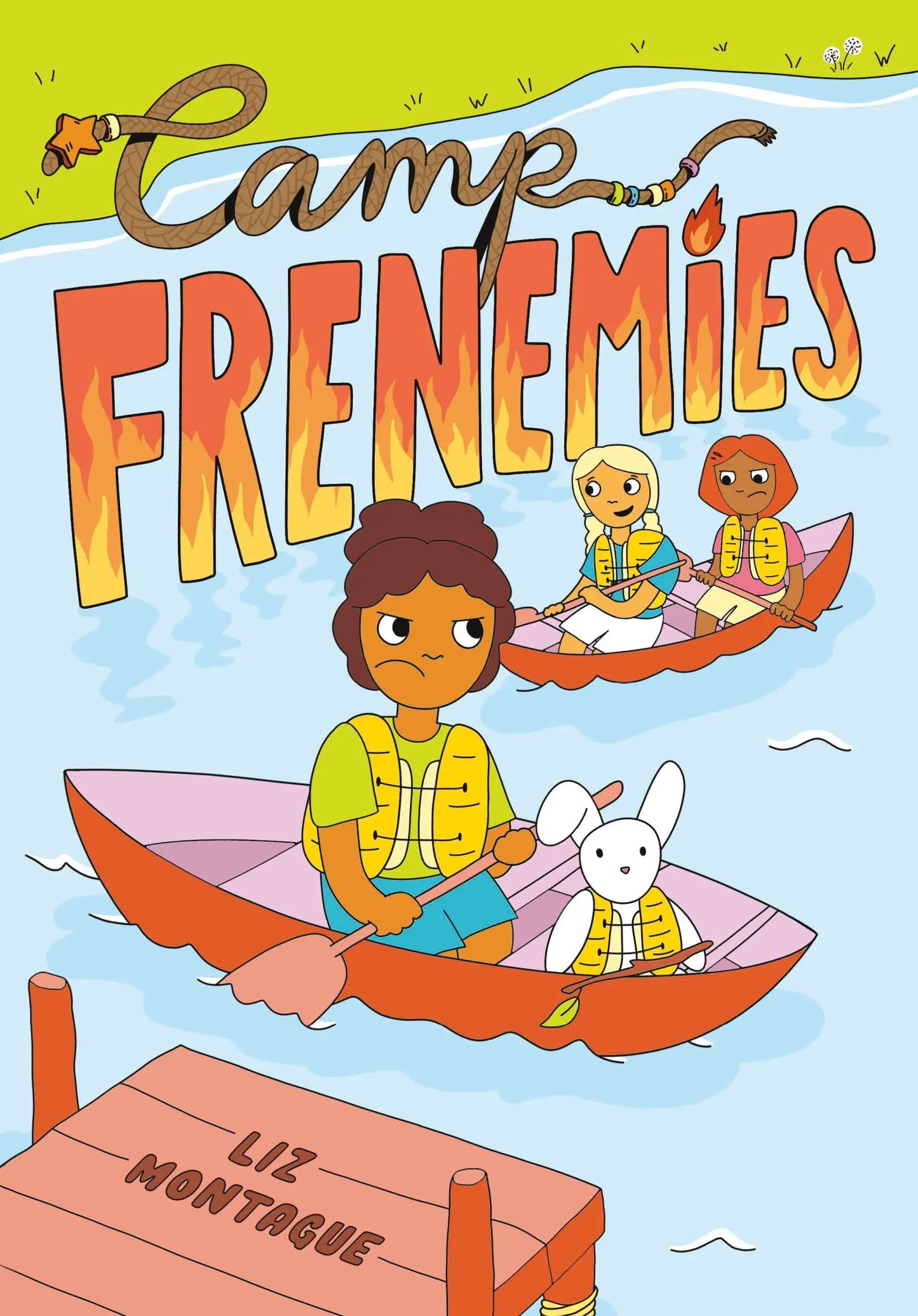 Camp Frenemies book cover featuring three preteen girls at summer sleepaway camp