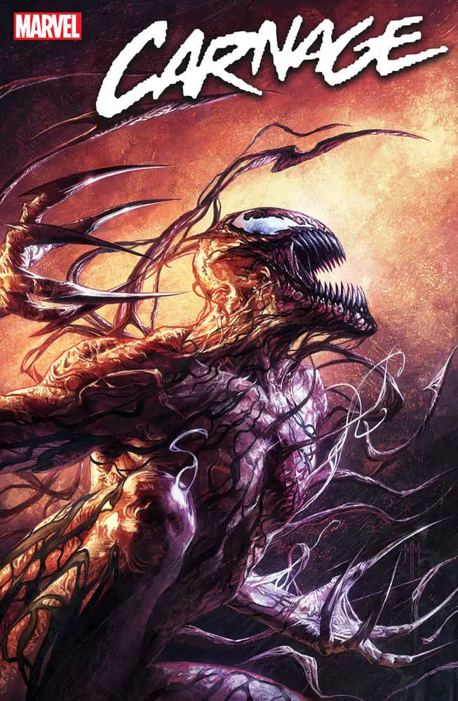Monstrous Carnage symbiote by Cletus Kasady with sharp teeth and tendrils in dramatic light